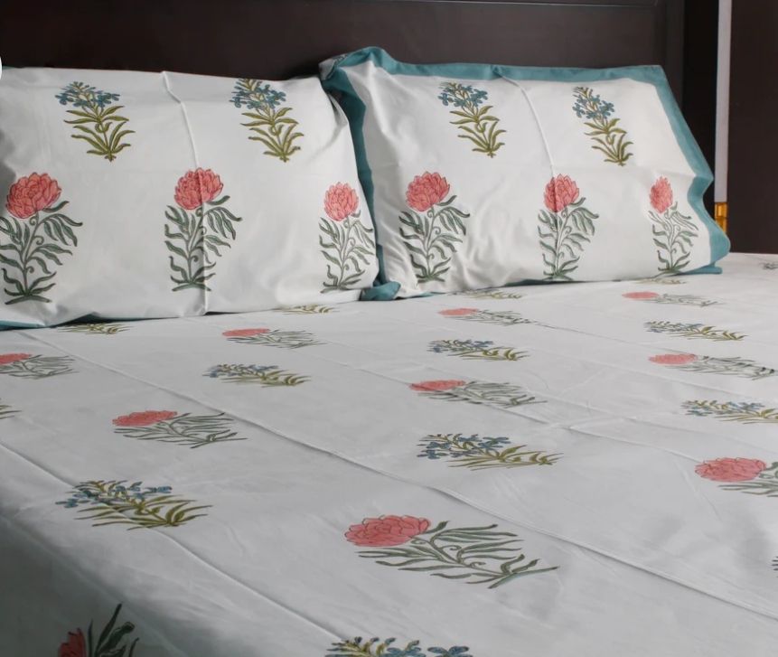 Blossom Handblocked Printed Bedsheet With 2 Pillow Covers